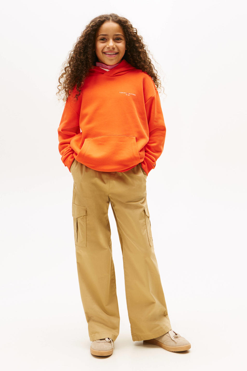 Oranje jongens en meisjes Tommy Hilfiger hoodie van sweat materiaal met logo dessin, lange mouwen en capuchon