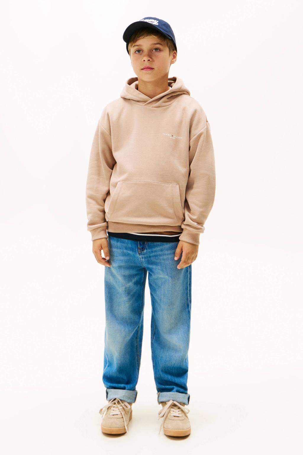 Beige jongens en meisjes Tommy Hilfiger hoodie van sweat materiaal met logo dessin, lange mouwen en capuchon