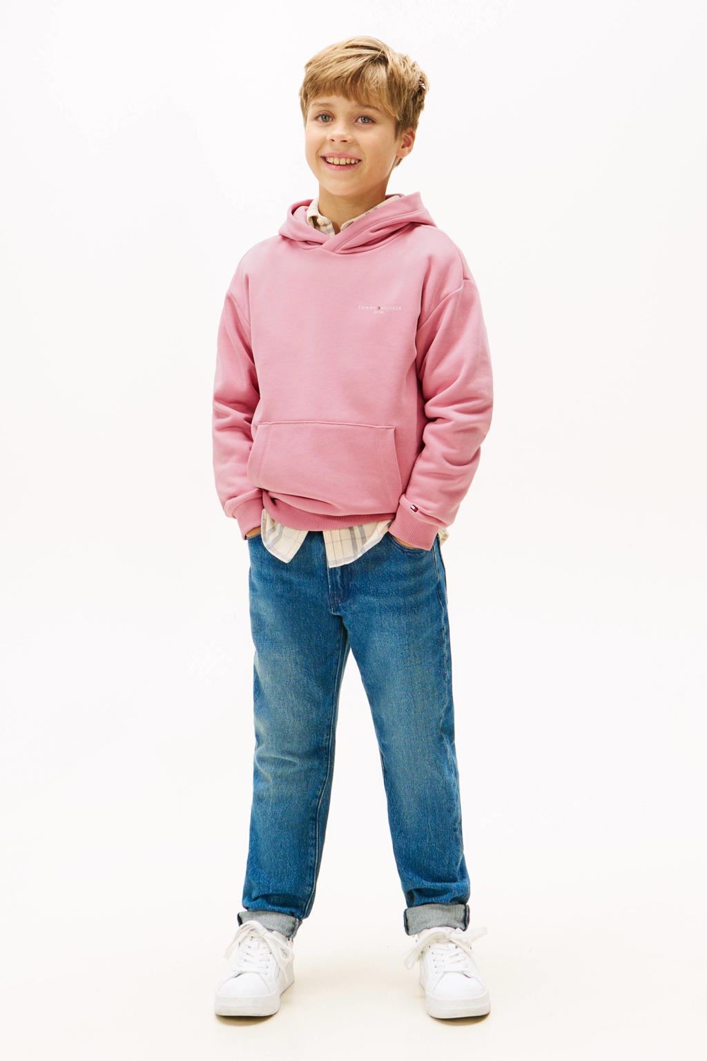 Roze jongens en meisjes Tommy Hilfiger hoodie van sweat materiaal met logo dessin, lange mouwen en capuchon