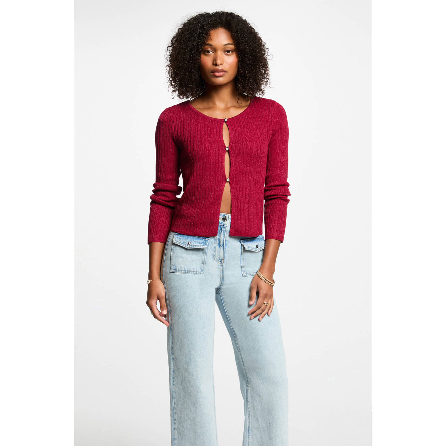 Morgan vest donkerrood rib gebreid