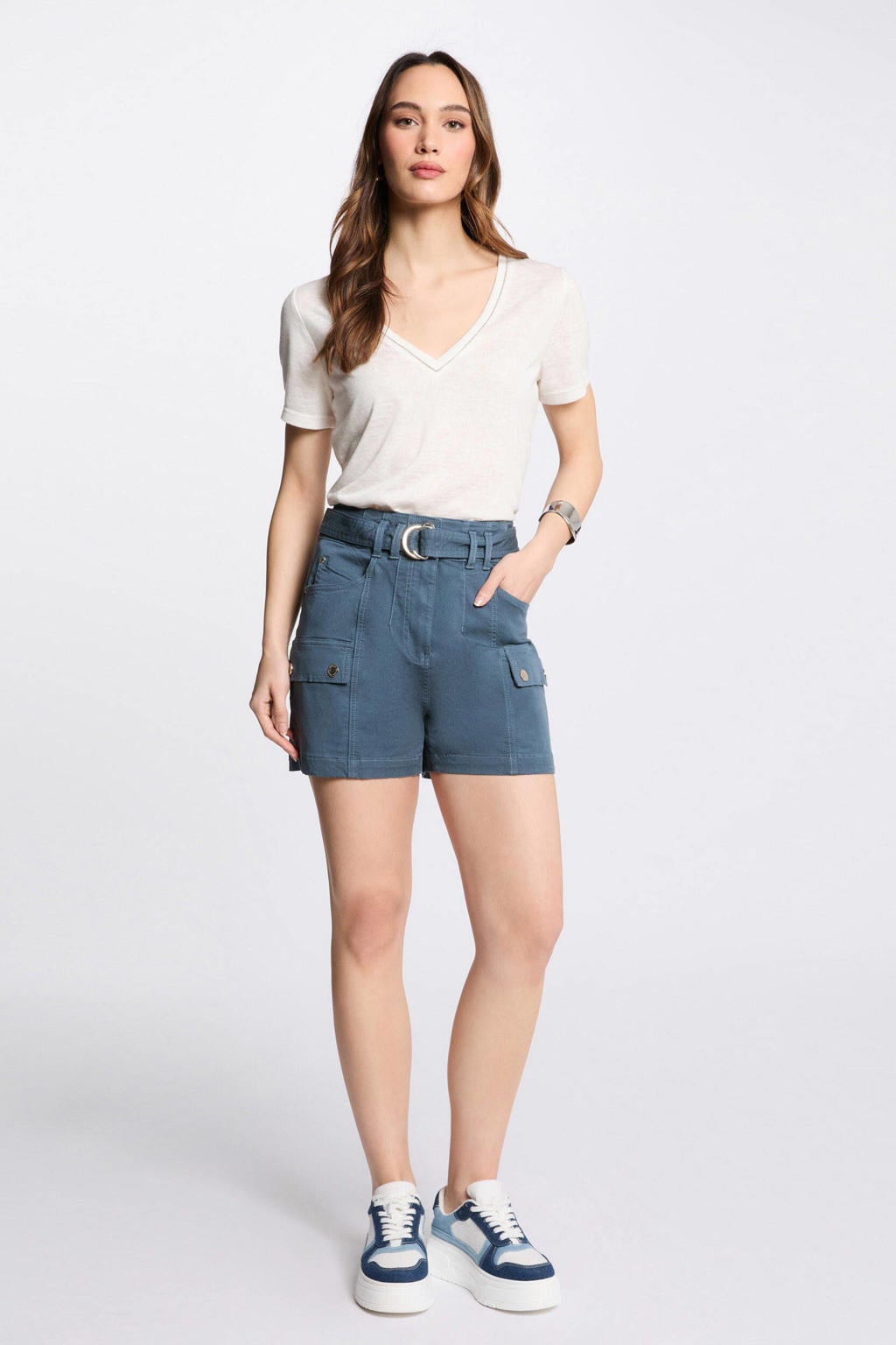 Petrolkleurige dames Morgan straight regular waist cargo short van katoen met ritssluiting en effen