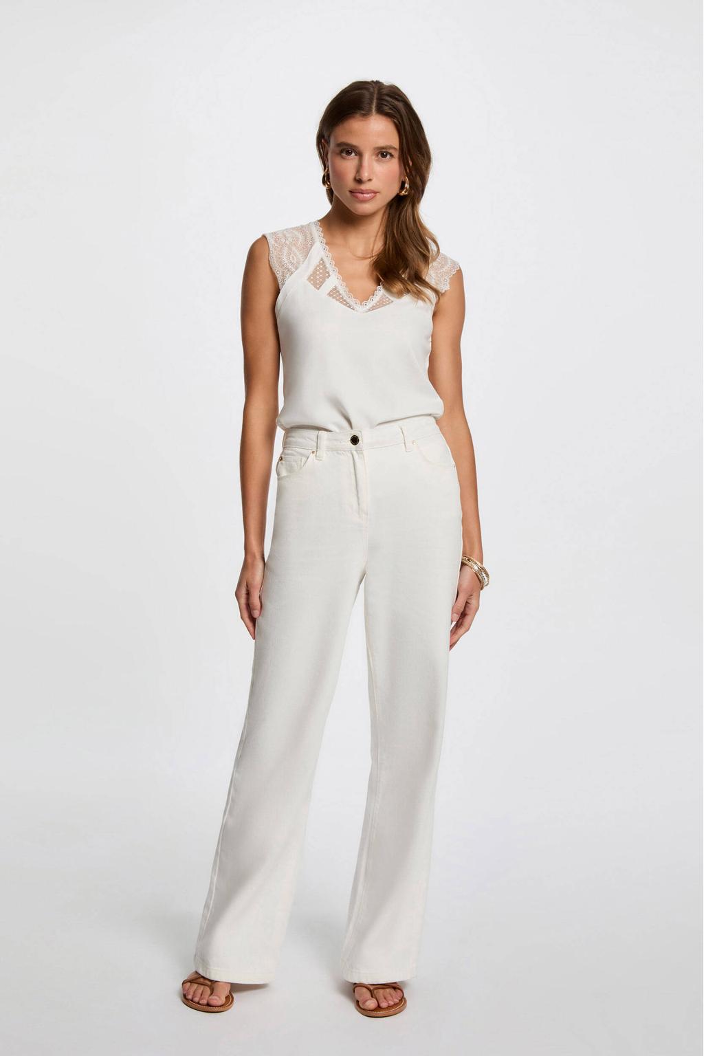 Witte dames Morgan top van viscose met effen, korte mouwen en V-hals