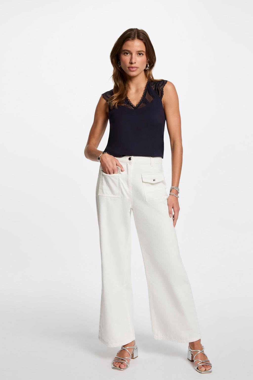 Marineblauw dames Morgan top blauw van viscose met effen, korte mouwen en V-hals