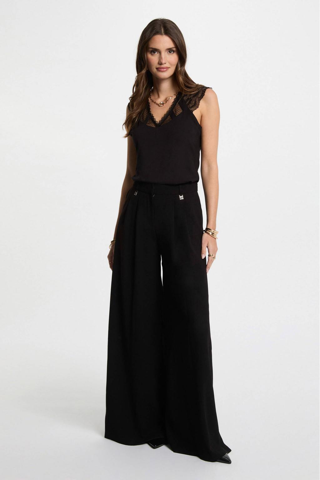 Zwarte dames Morgan top van viscose met effen, korte mouwen en V-hals