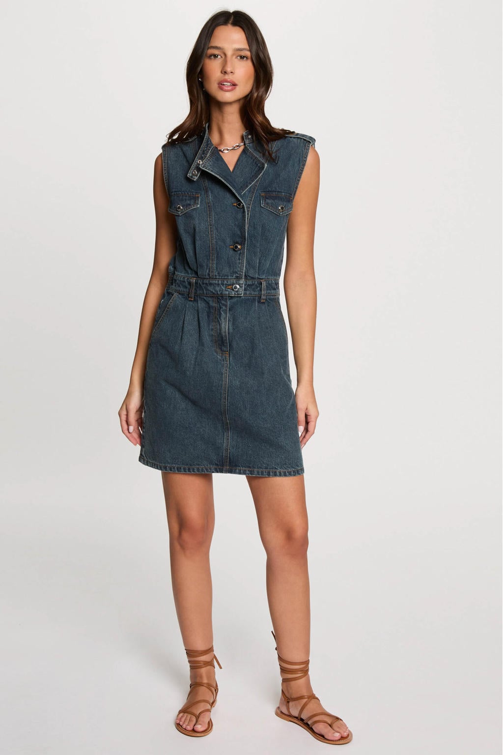 Dark blue denim dames Morgan spijkerjurk dark blue van denim met effen, opstaande kraag en knoopsluiting