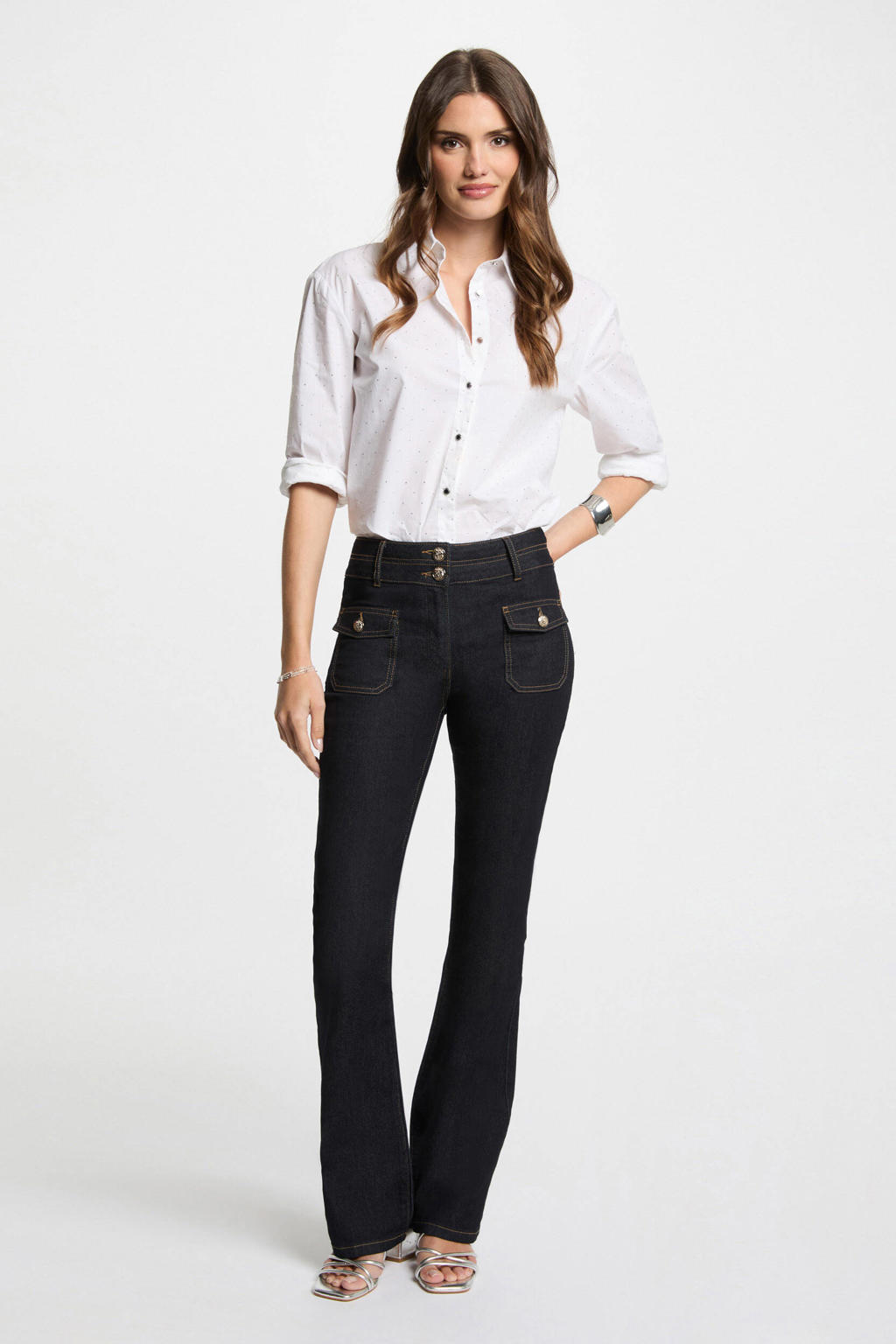 Dark blue denim dames Morgan bootcut jeans dark blue van denim met rits- en knoopsluiting en effen