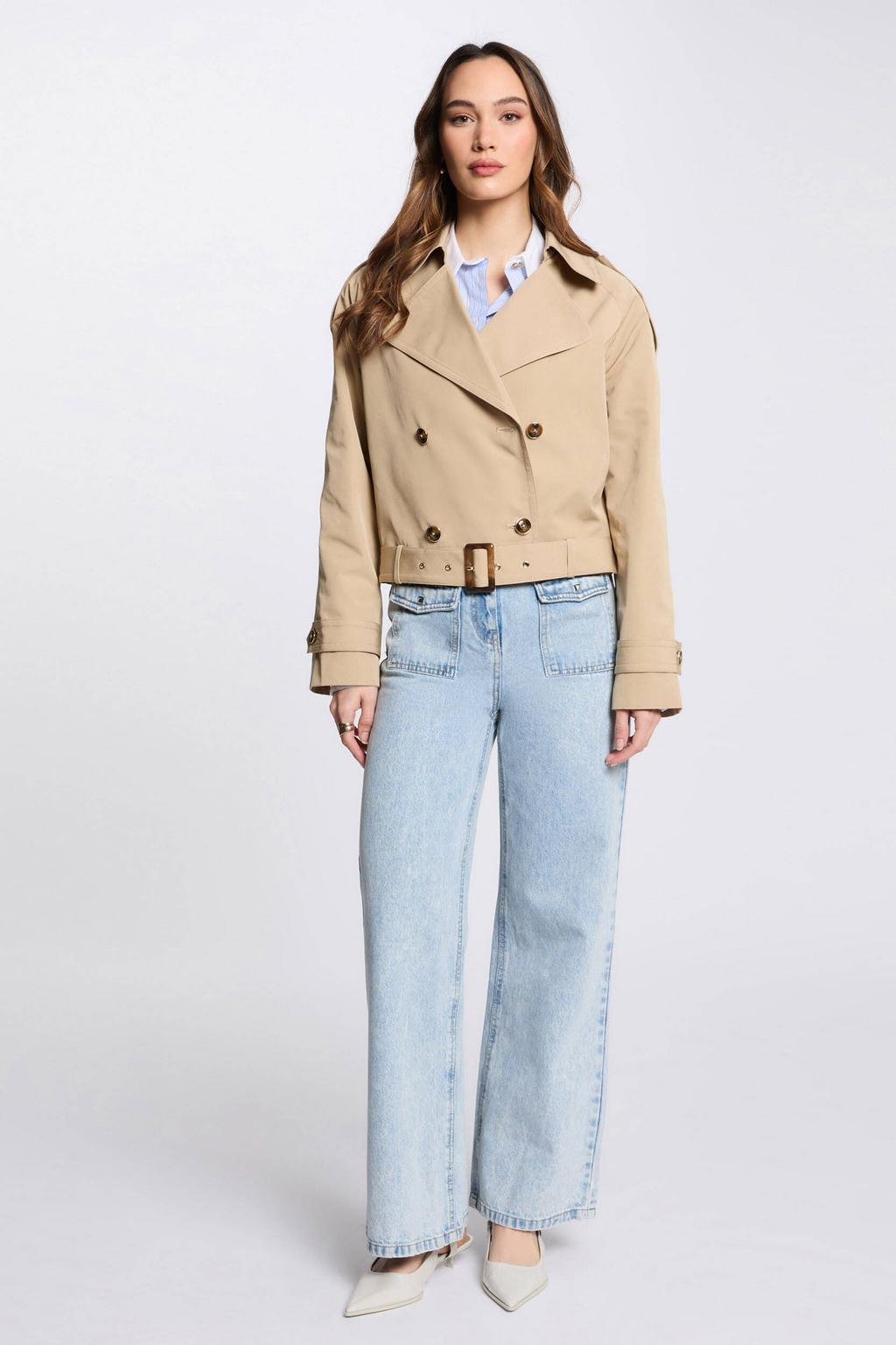 Beige dames Morgan trenchcoat van polyester met effen, lange mouwen, reverskraag, double breasted sluiting en epauletten