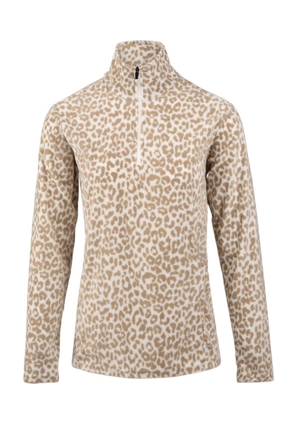 Beige en zandkleurige dames Brunotti fleece skipully Misma met dierenprint, lange mouwen, opstaande kraag en halve rits