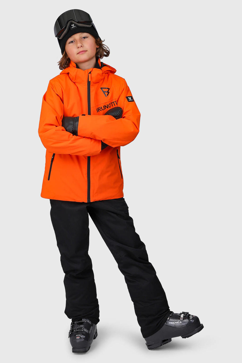 Oranje jongens en meisjes Brunotti ski-jas Navigaty van polyester met effen, capuchon en rits waterdicht