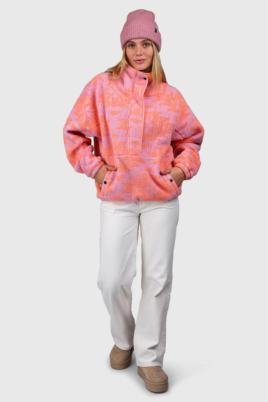 Roze en oranje dames Brunotti fleece trui Powchou met lange mouwen en halve rits