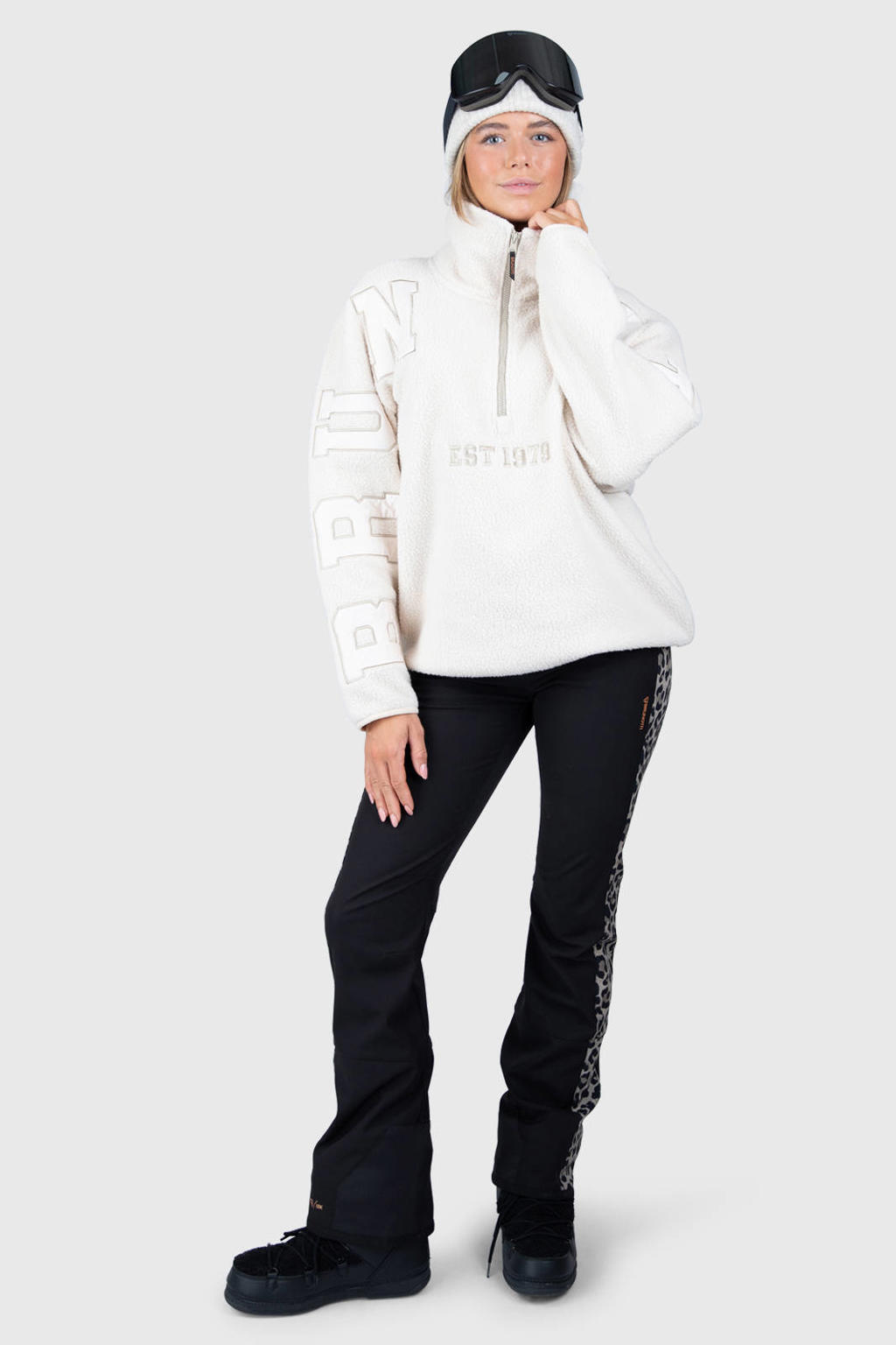 Beige en witte dames Brunotti fleecetrui Chino met lange mouwen, col en halve rits