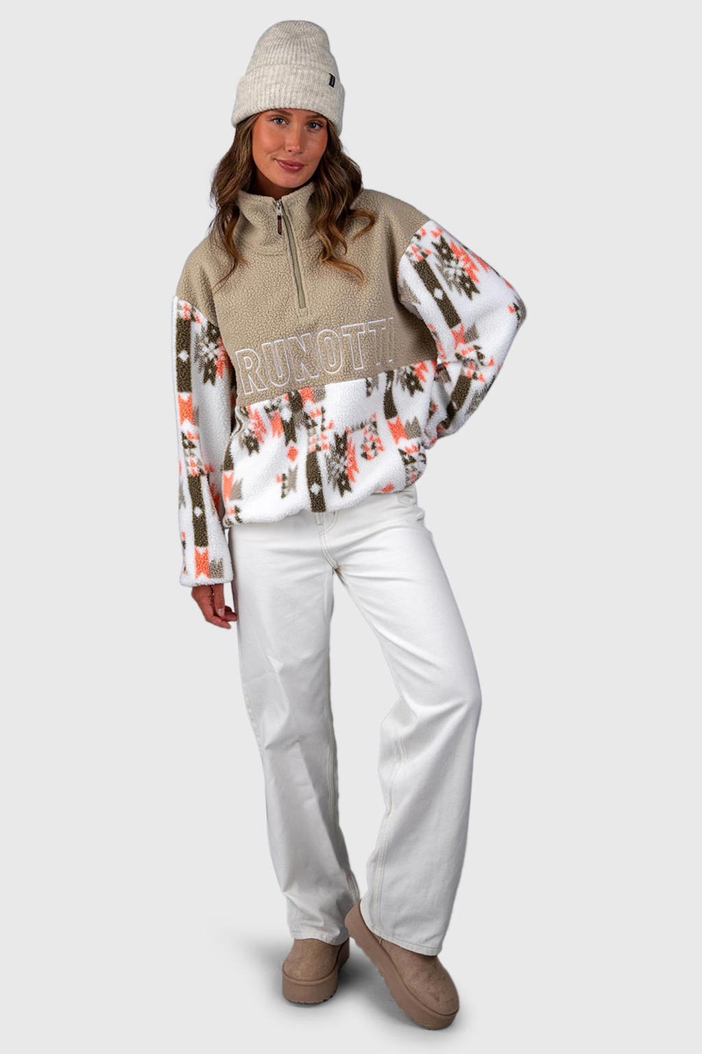 Beige dames Brunotti fleecetrui Chondra met lange mouwen, opstaande kraag en halve rits