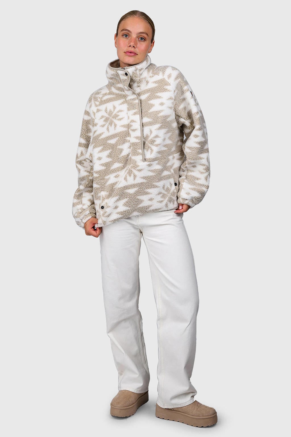 Beige en witte dames Brunotti fleece trui Powchou met lange mouwen en halve rits