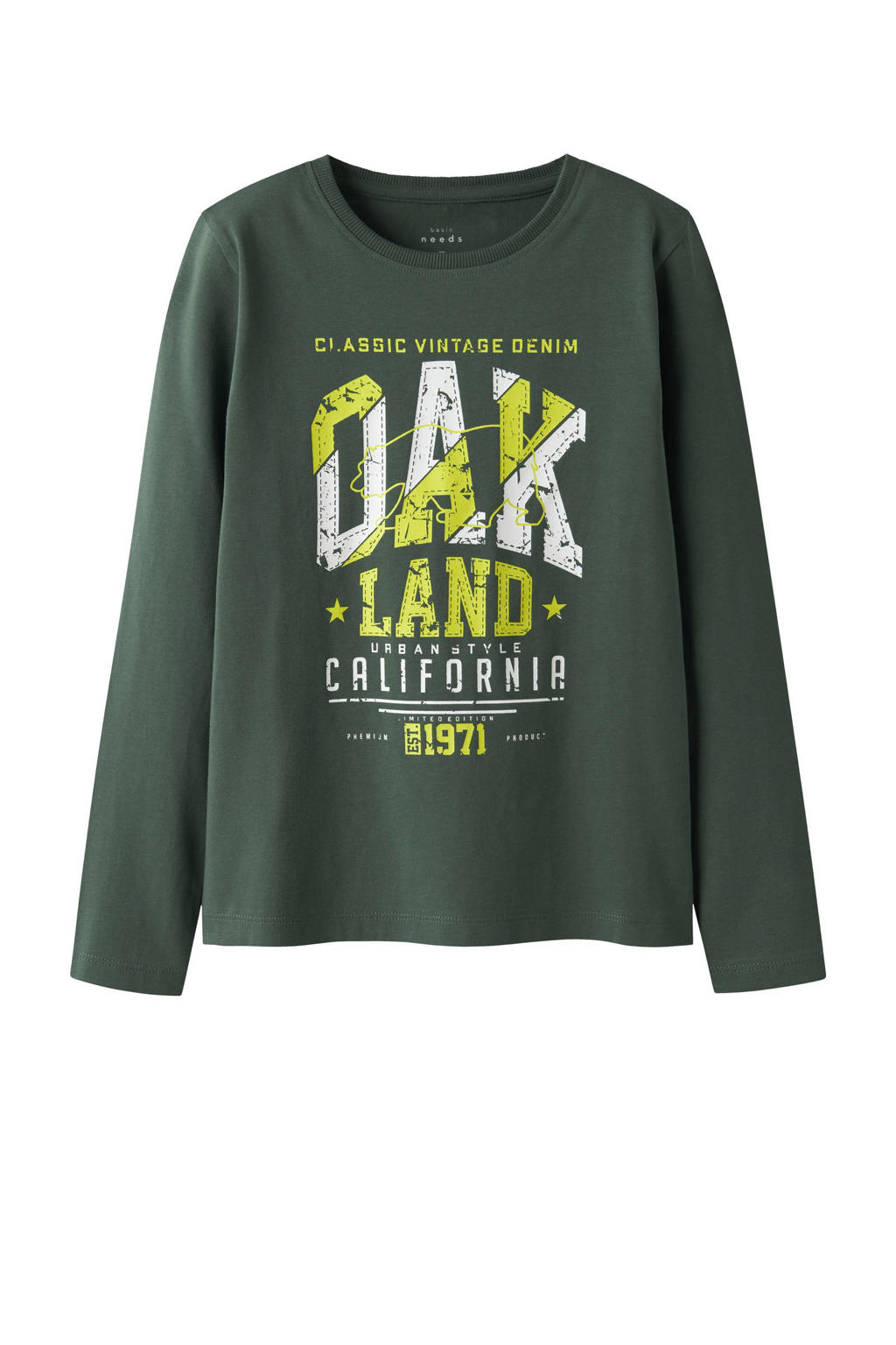 Donkergroene jongens NAME IT KIDS longsleeve van stretchkatoen met printopdruk, lange mouwen en ronde hals
