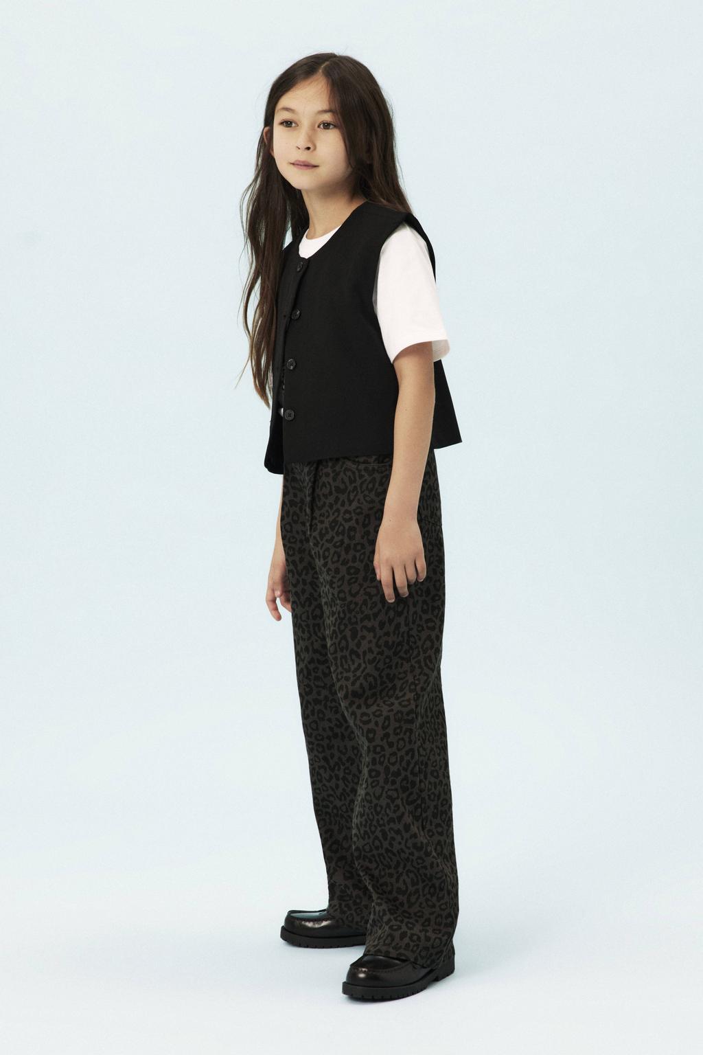 Donkerblauwe meisjes NAME IT KIDS wide leg casual broek van katoen met rits- en haaksluiting en dierenprint