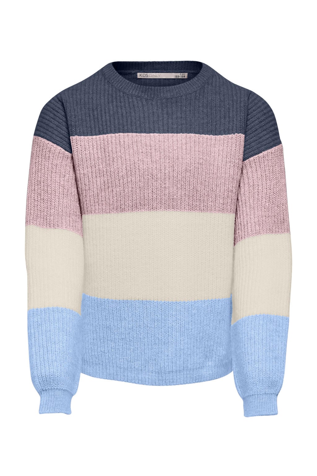 Blauw, roze en ecru meisjes KIDS ONLY trui gebreid van modal met strepenprint, lange mouwen en ronde hals