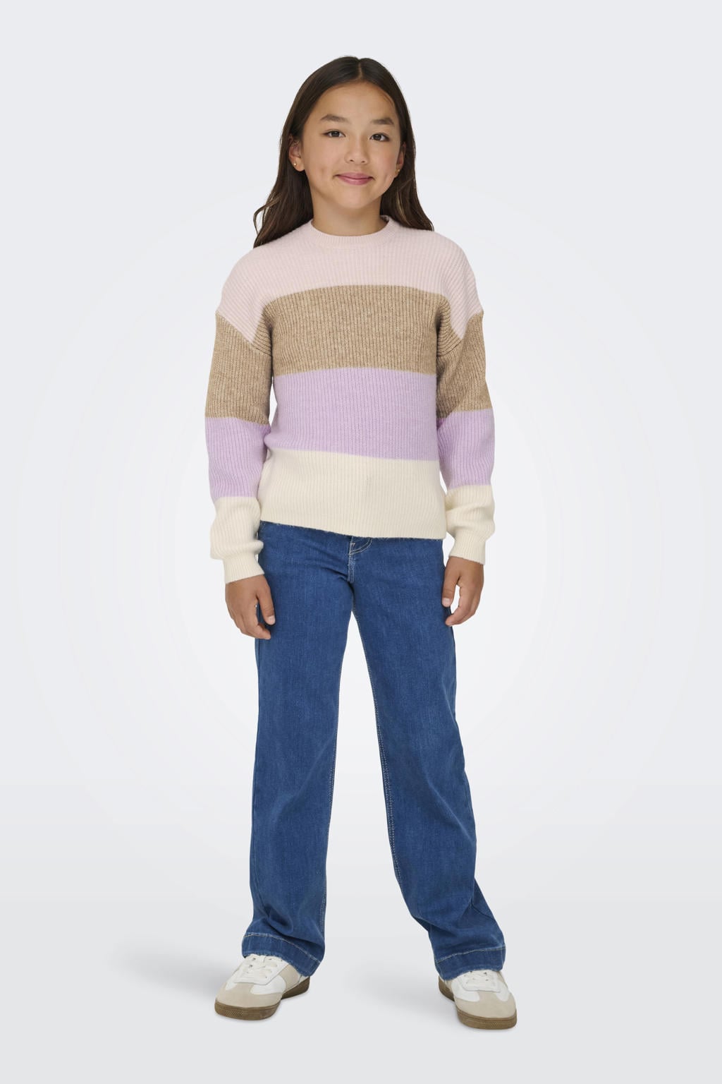 Roze, beige en lilakleurige meisjes KIDS ONLY GIRL trui gebreid van modal met strepenprint, lange mouwen en ronde hals