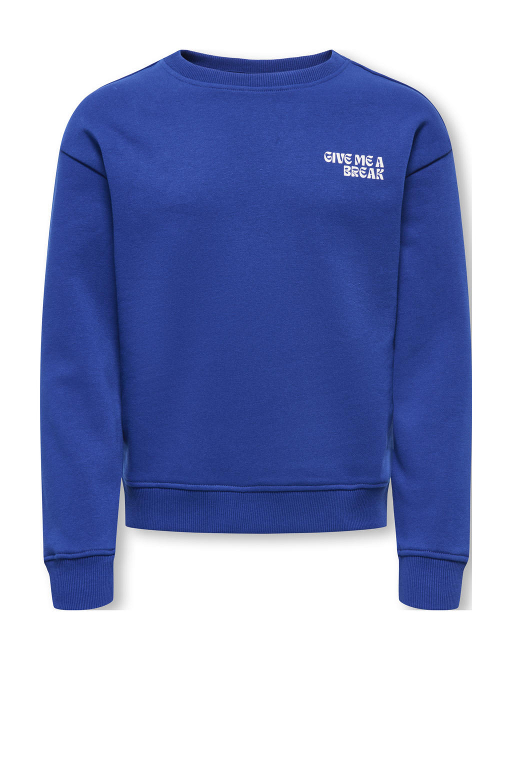 Blauwe meisjes KIDS ONLY GIRL sweater met printopdruk, lange mouwen, ronde hals en geribde boorden
