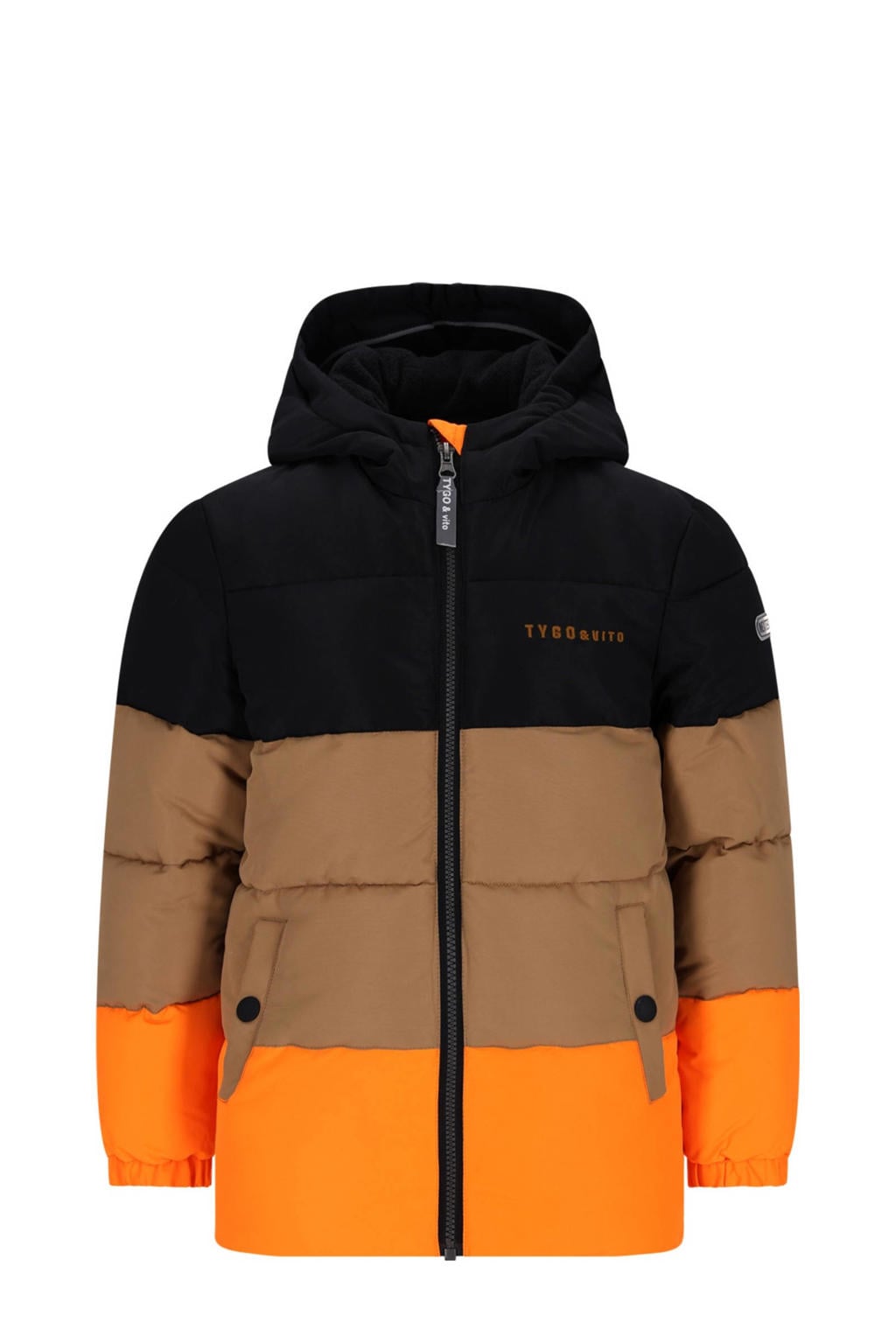 Oranje, bruin en zwarte jongens TYGO & vito gewatteerde jas winter met meerkleurige print, lange mouwen, capuchon en ritssluiting