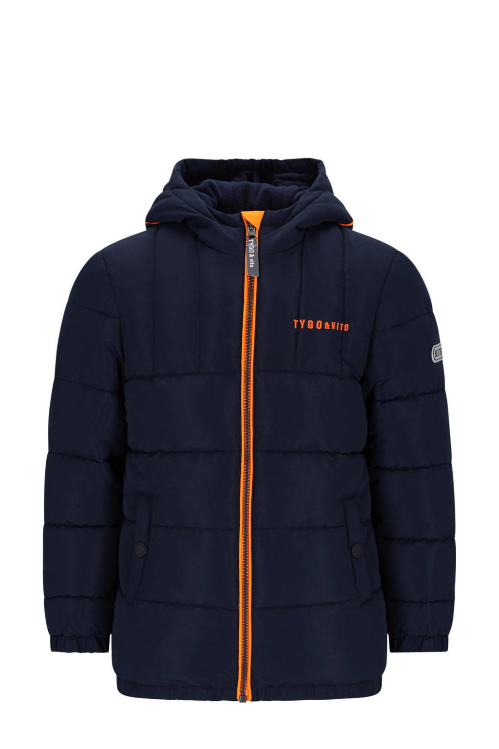 Donkerblauw en oranje jongens TYGO & vito gewatteerde jas van polyester met effen, lange mouwen, capuchon en ritssluiting