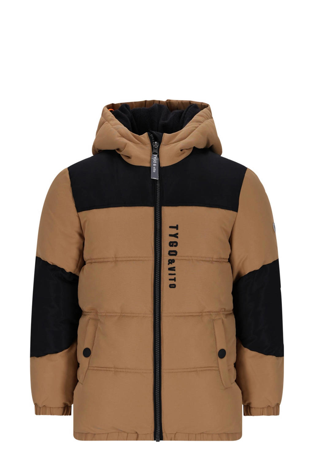 Bruin en zwarte jongens TYGO & vito gewatteerde jas van polyester met meerkleurige print, lange mouwen, capuchon en ritssluiting
