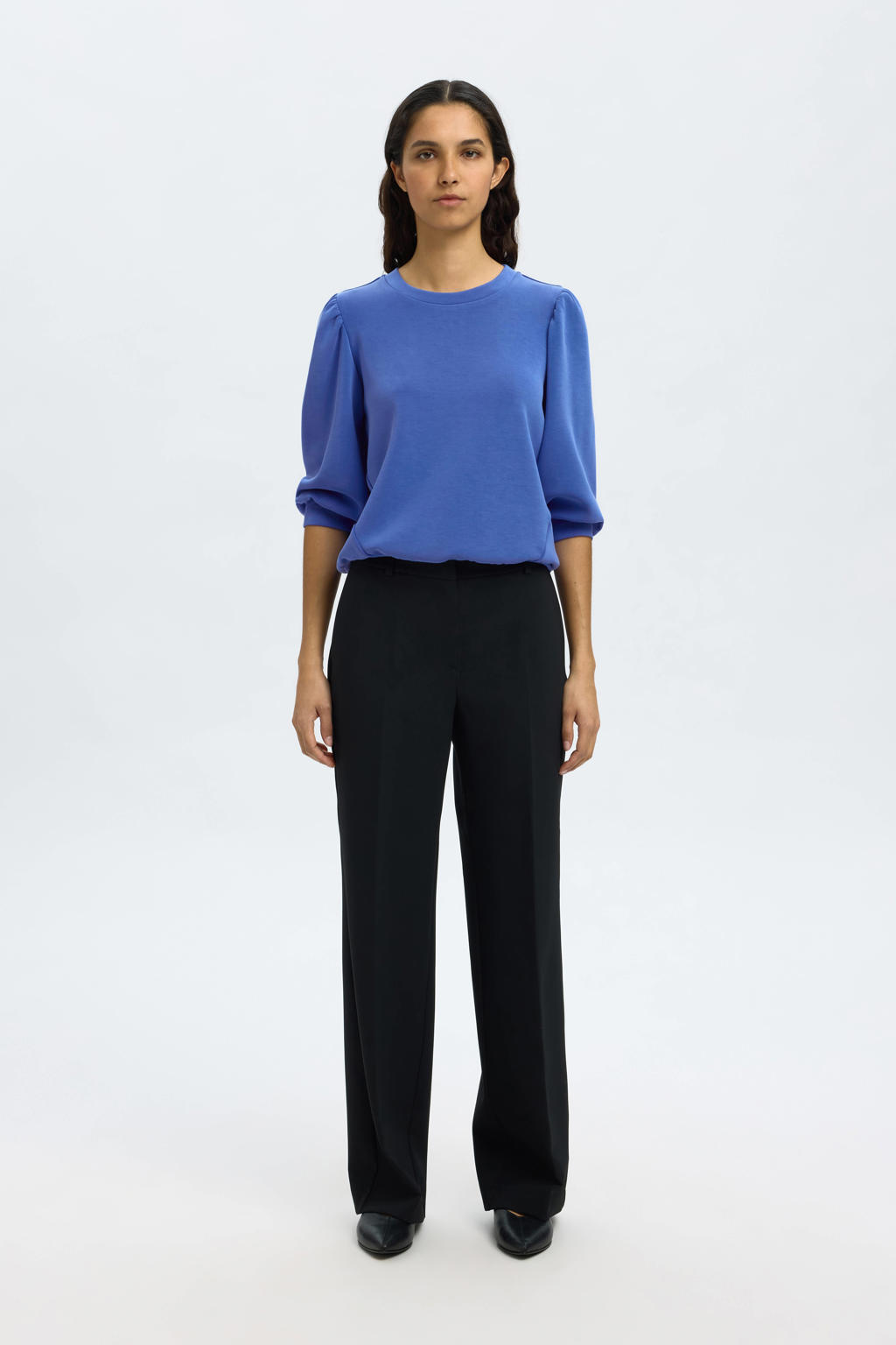 Blauwe dames SELECTED FEMME sweater van modal met effen, driekwart mouwen, ronde hals en plooien