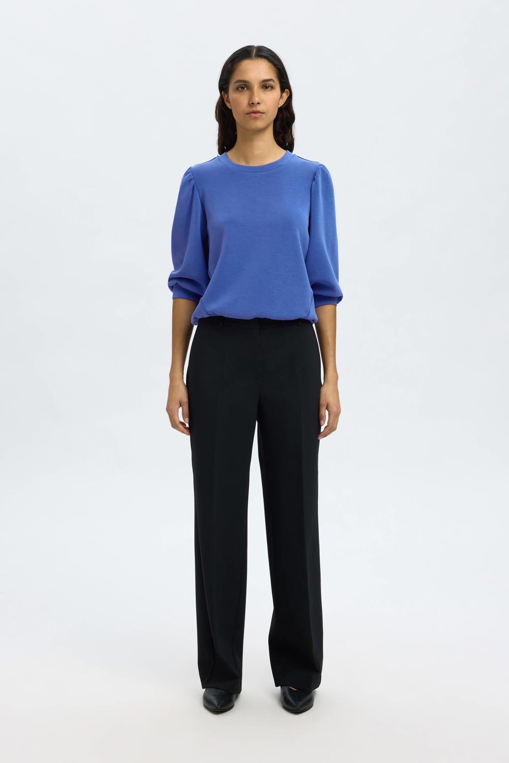 Blauwe dames SELECTED FEMME sweater van modal met effen, driekwart mouwen, ronde hals en plooien