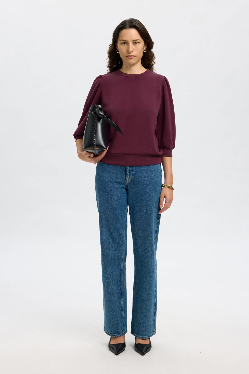 Donkerpaarse dames SELECTED FEMME sweater van modal met effen, driekwart mouwen, ronde hals en plooien