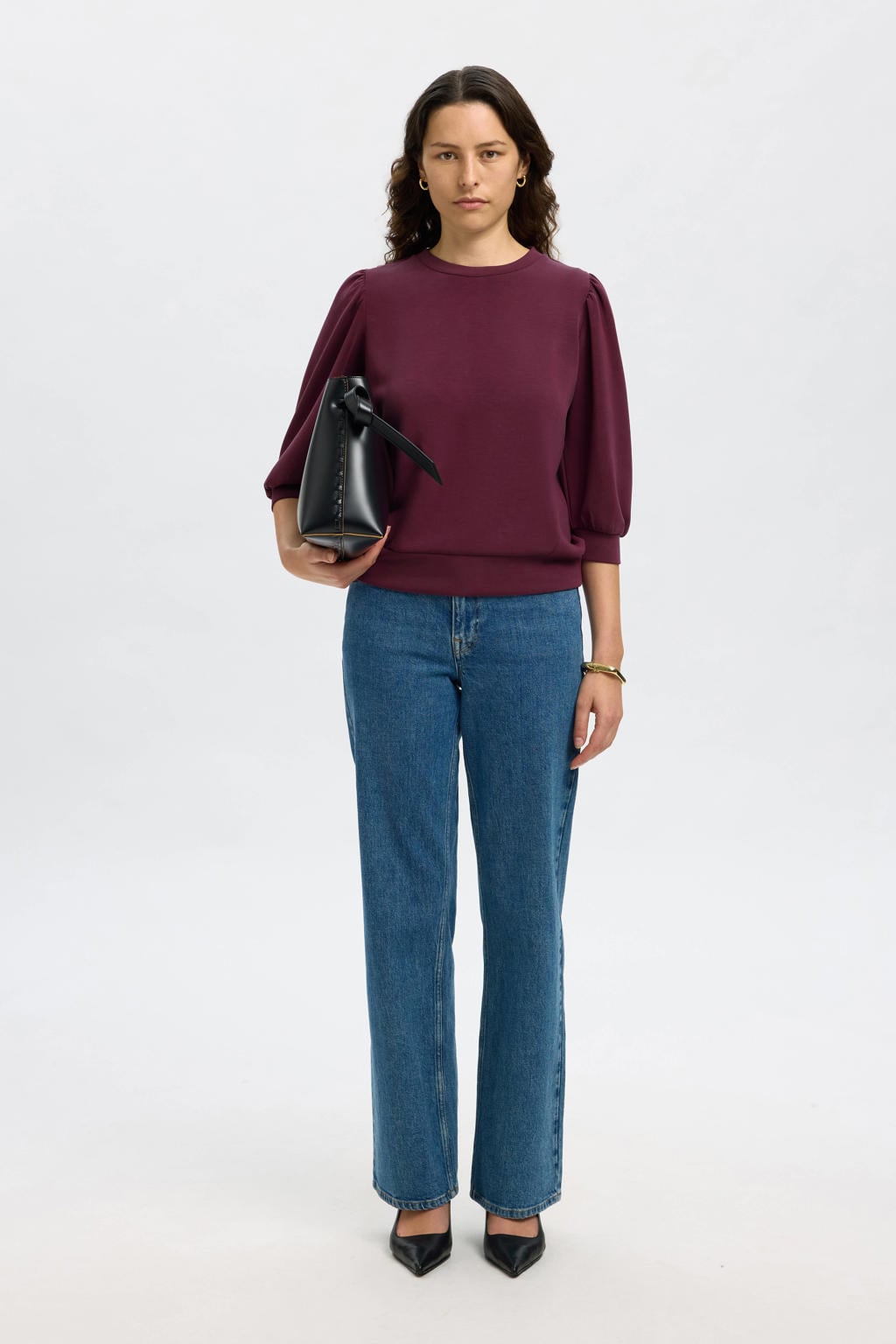 Donkerpaarse dames SELECTED FEMME sweater van modal met effen, driekwart mouwen, ronde hals en plooien