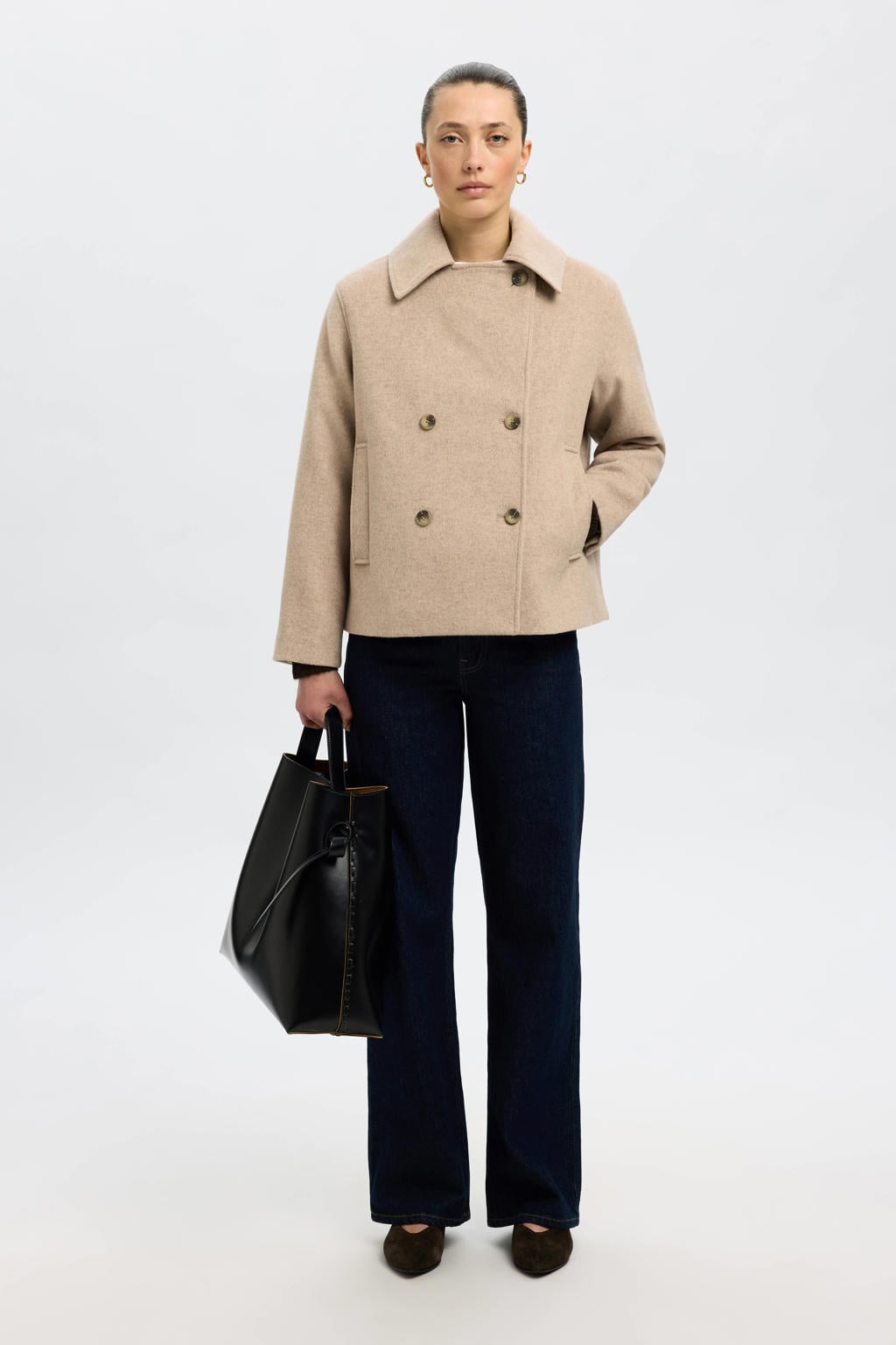 Beige dames SELECTED FEMME manteljas van polyester met effen, lange mouwen, reverskraag en knoopsluiting