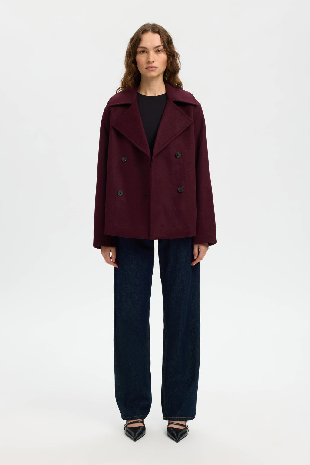 Donkerrode dames SELECTED FEMME manteljas van polyester met effen, lange mouwen, reverskraag en knoopsluiting