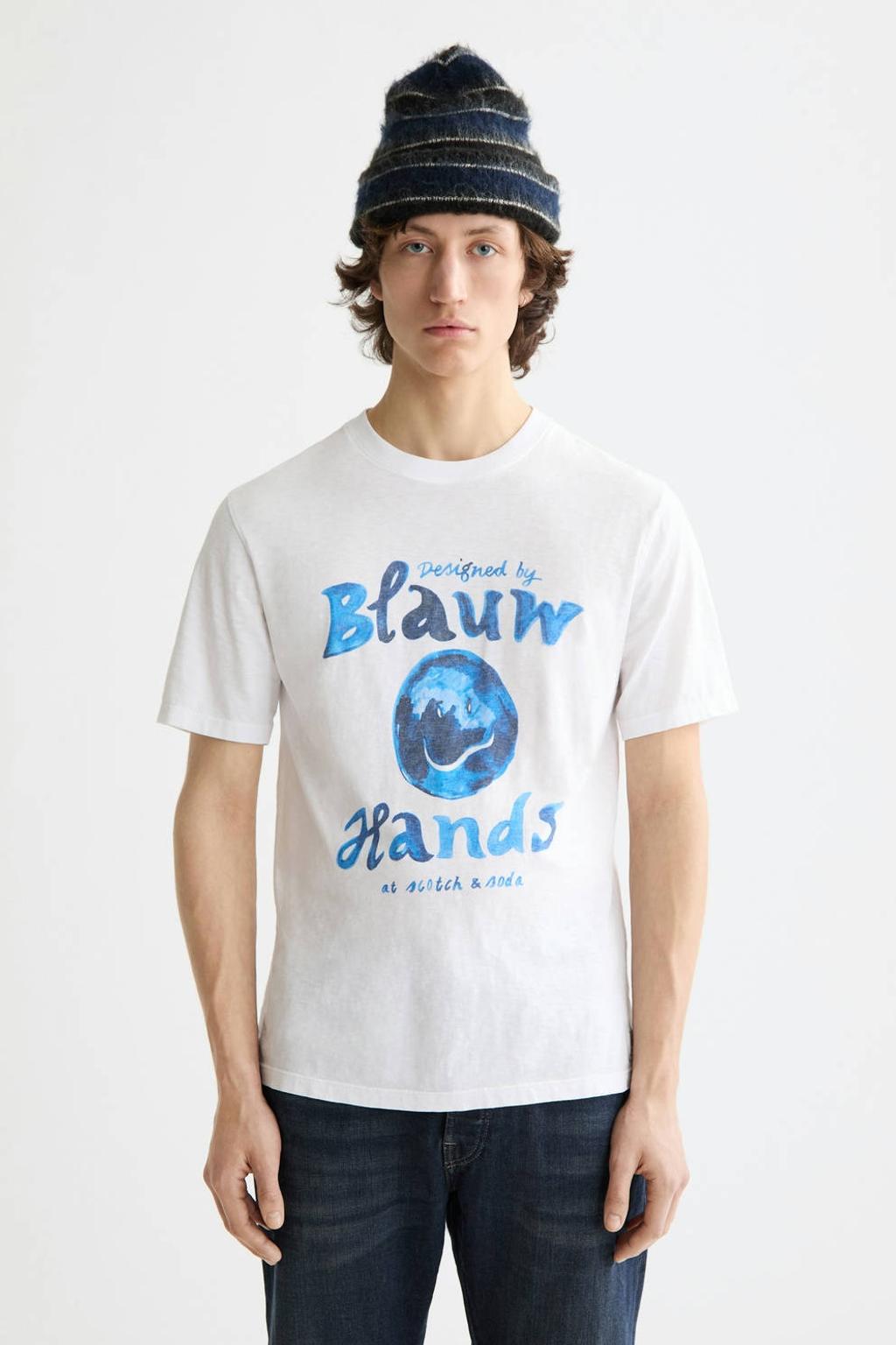 Witte heren Scotch & Soda T-shirt van katoen met printopdruk, korte mouwen en ronde hals