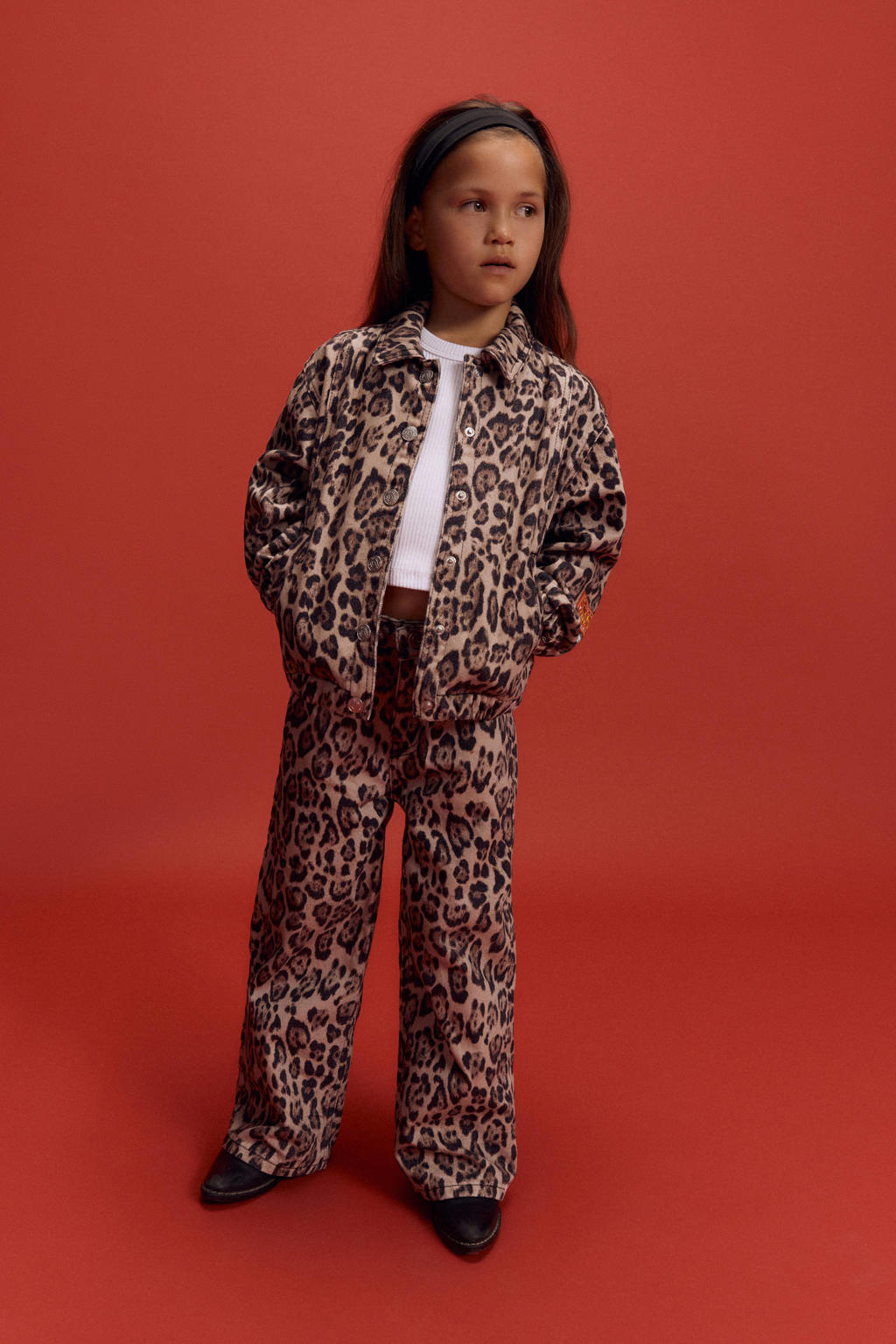Bruine meisjes Alix Mini wide leg jeans van denim met rits- en knoopsluiting en dierenprint