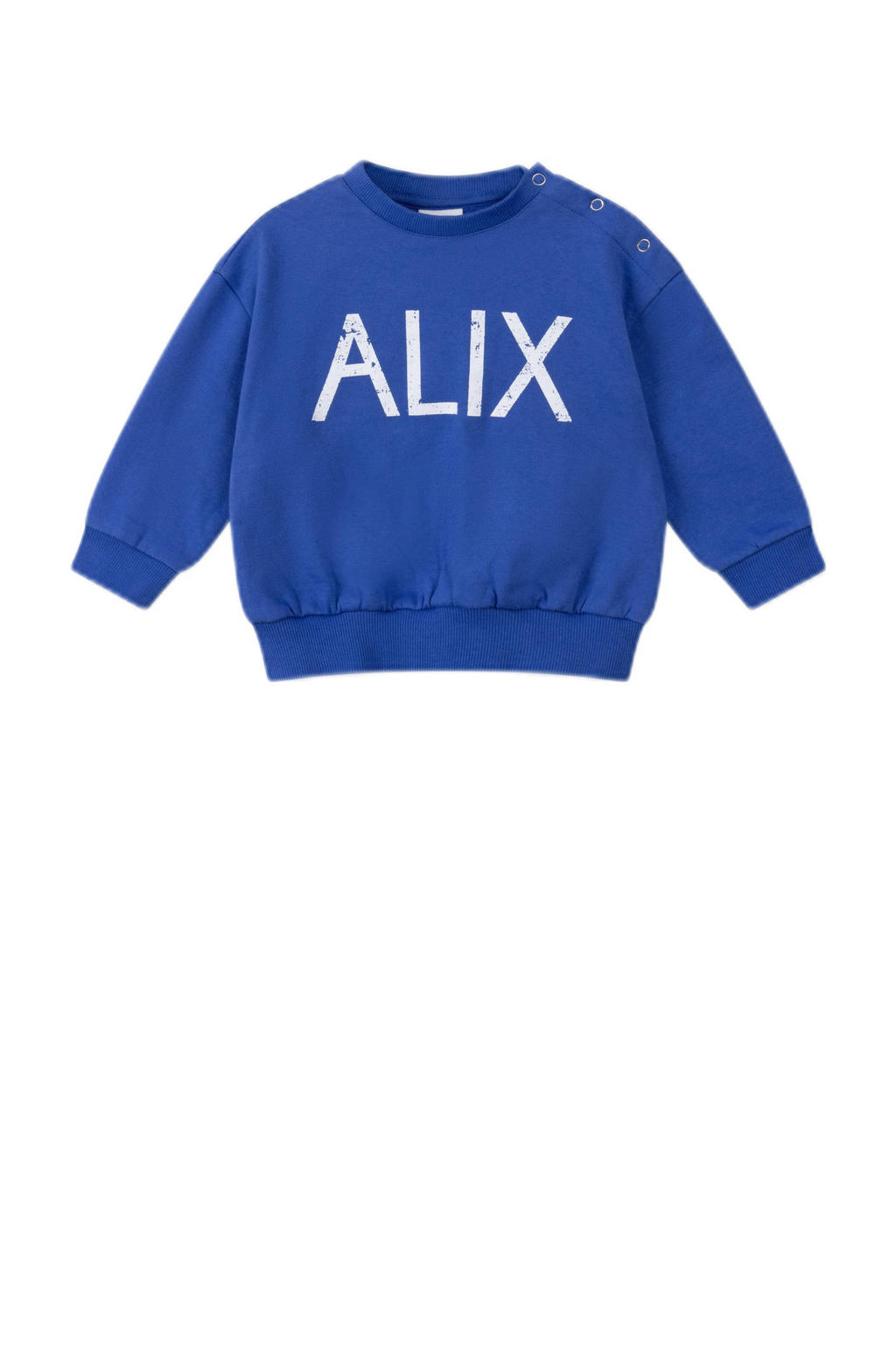 Blauwe jongens Alix Mini sweater met backprint, lange mouwen, ronde hals en drukknoopsluiting