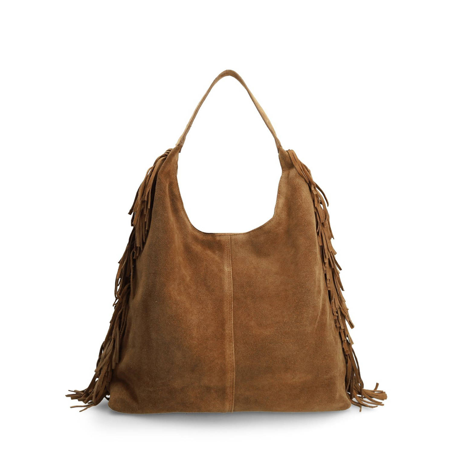 Manfield suede schoudertas met franjes cognac