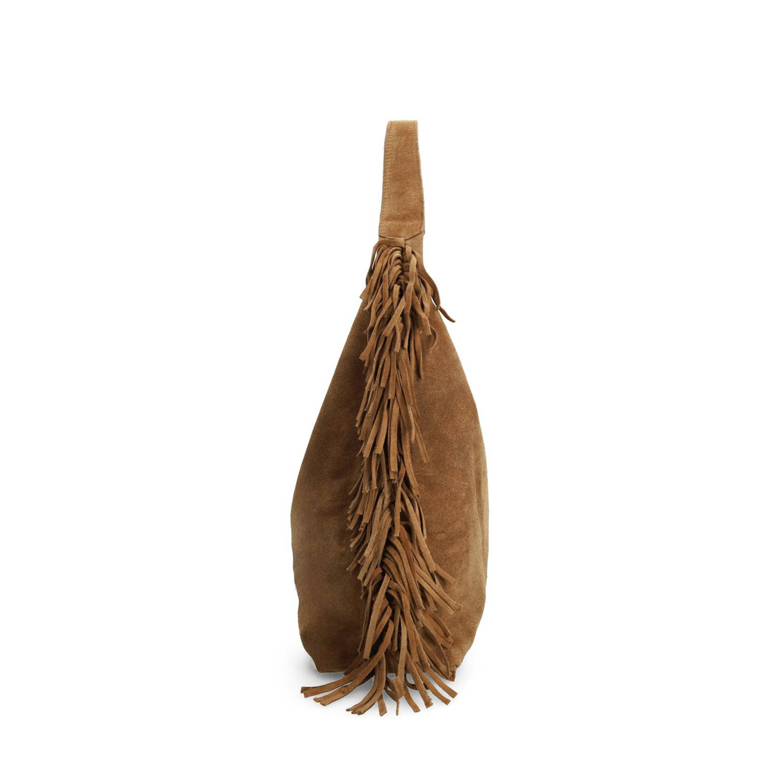 Manfield suede schoudertas met franjes cognac
