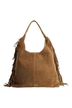 suede schoudertas met franjes cognac