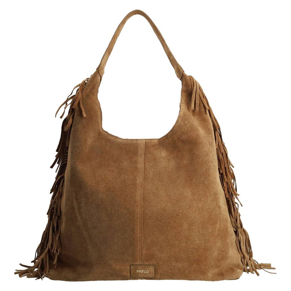 Manfield suede schoudertas met franjes cognac