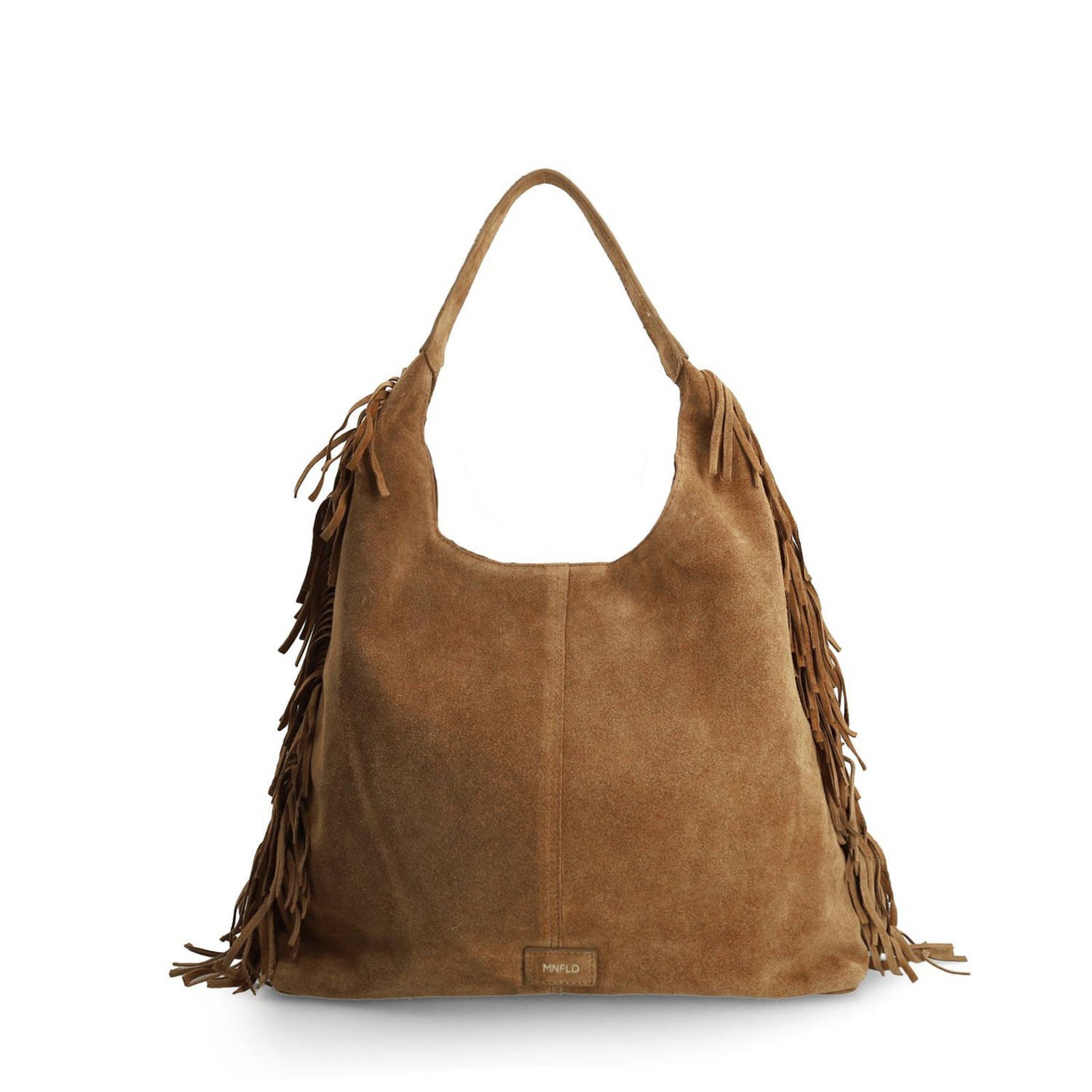 Manfield suede schoudertas met franjes cognac