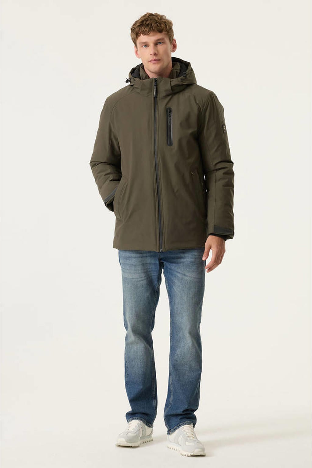 Olijfgroene heren Garcia winterjas van polyester met effen, lange mouwen, capuchon en ritssluiting