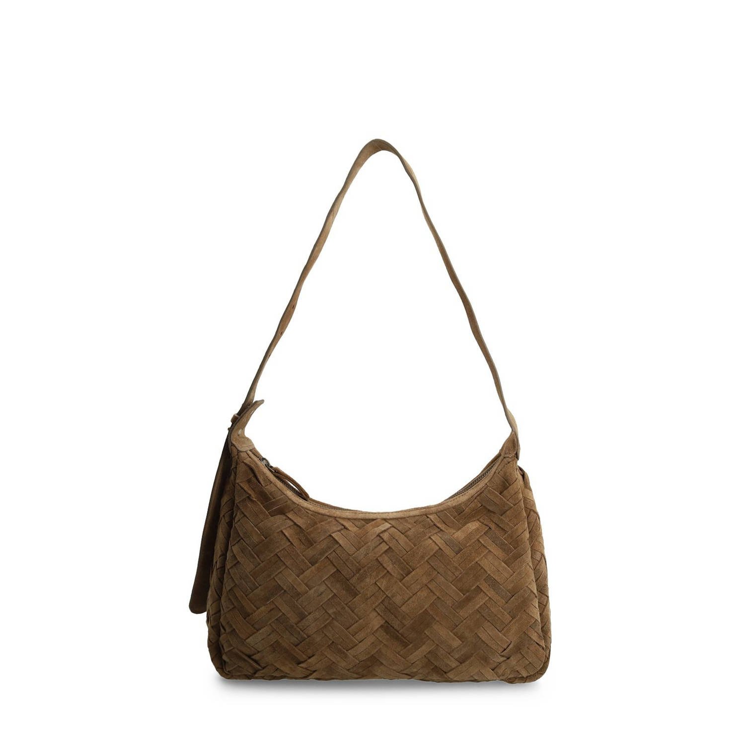 Manfield suede gevlochten schoudertas bruin
