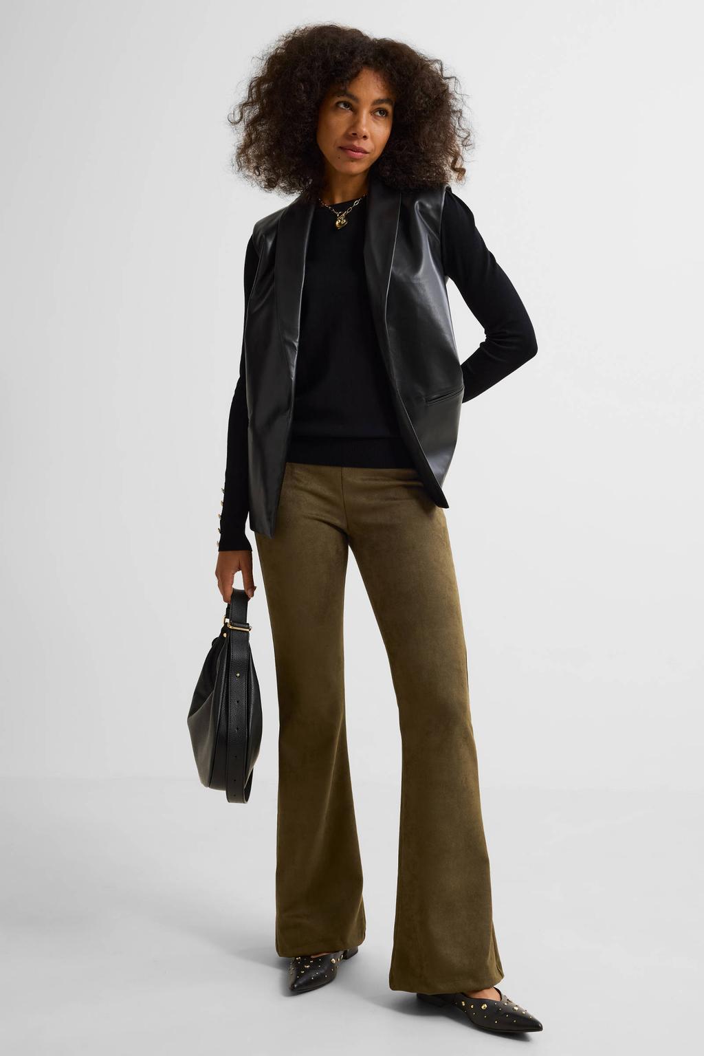 Kakikleurige dames Ruby suedine flare broek van polyester met high waist, elastische tailleband en effen