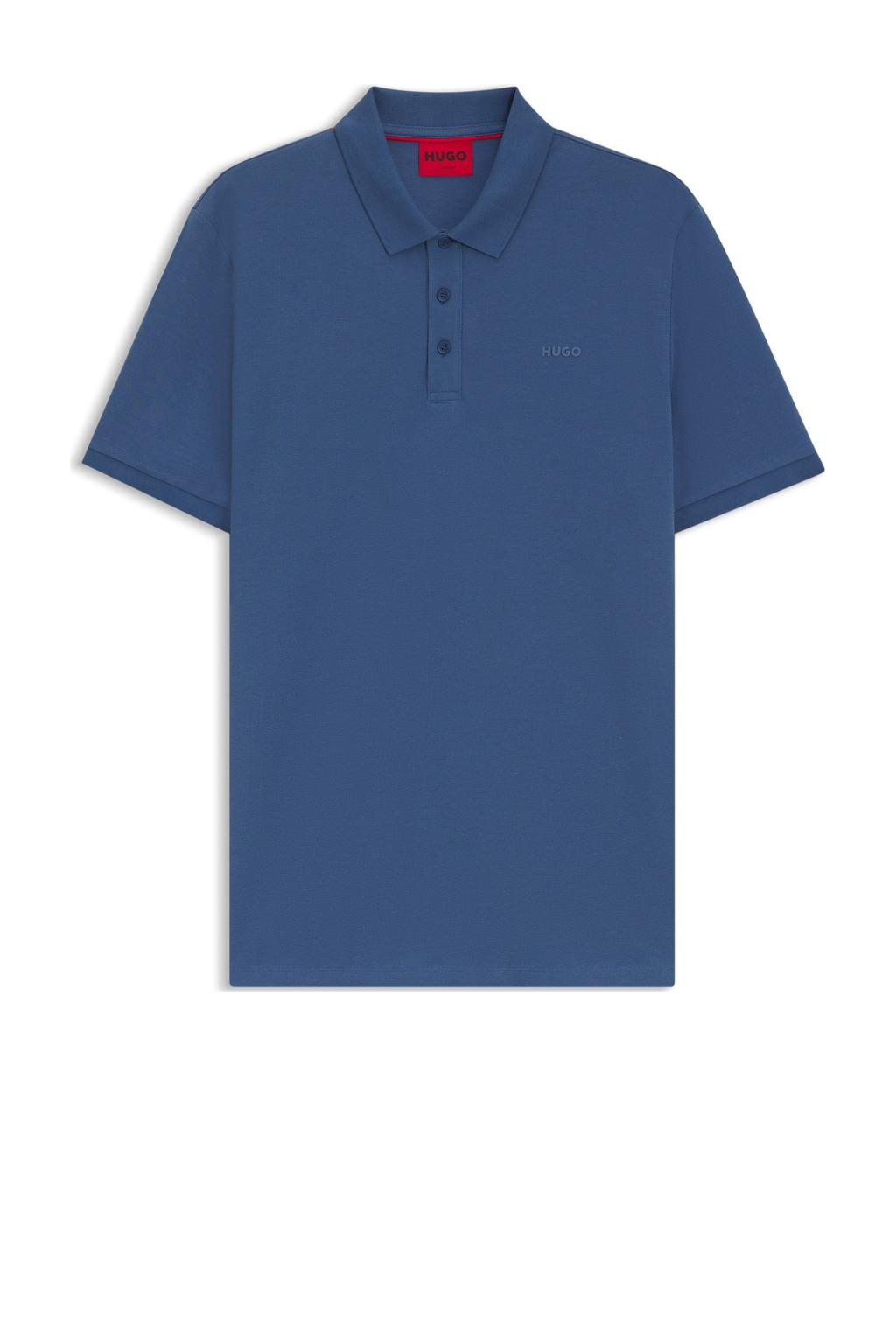 Donkerblauwe heren HUGO regular polo van katoen met effen, korte mouwen en knoopsluiting