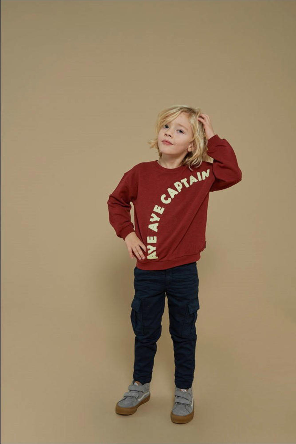 Donkerrode jongens Sturdy sweater van katoen met tekst print, lange mouwen en ronde hals