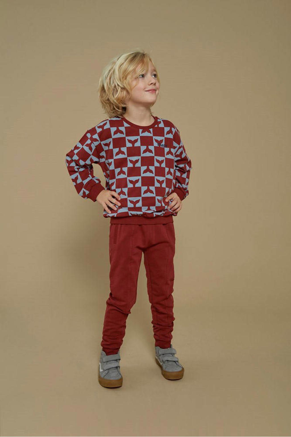 Donkerrode jongens Sturdy sweater van stretchkatoen met lange mouwen en ronde hals