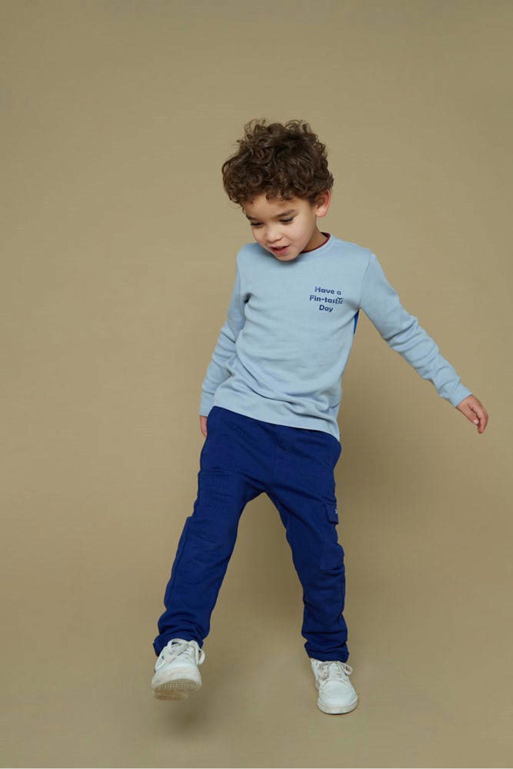 Donkerblauwe jongens Sturdy regular casual broek van katoen met elastische tailleband met koord en effen