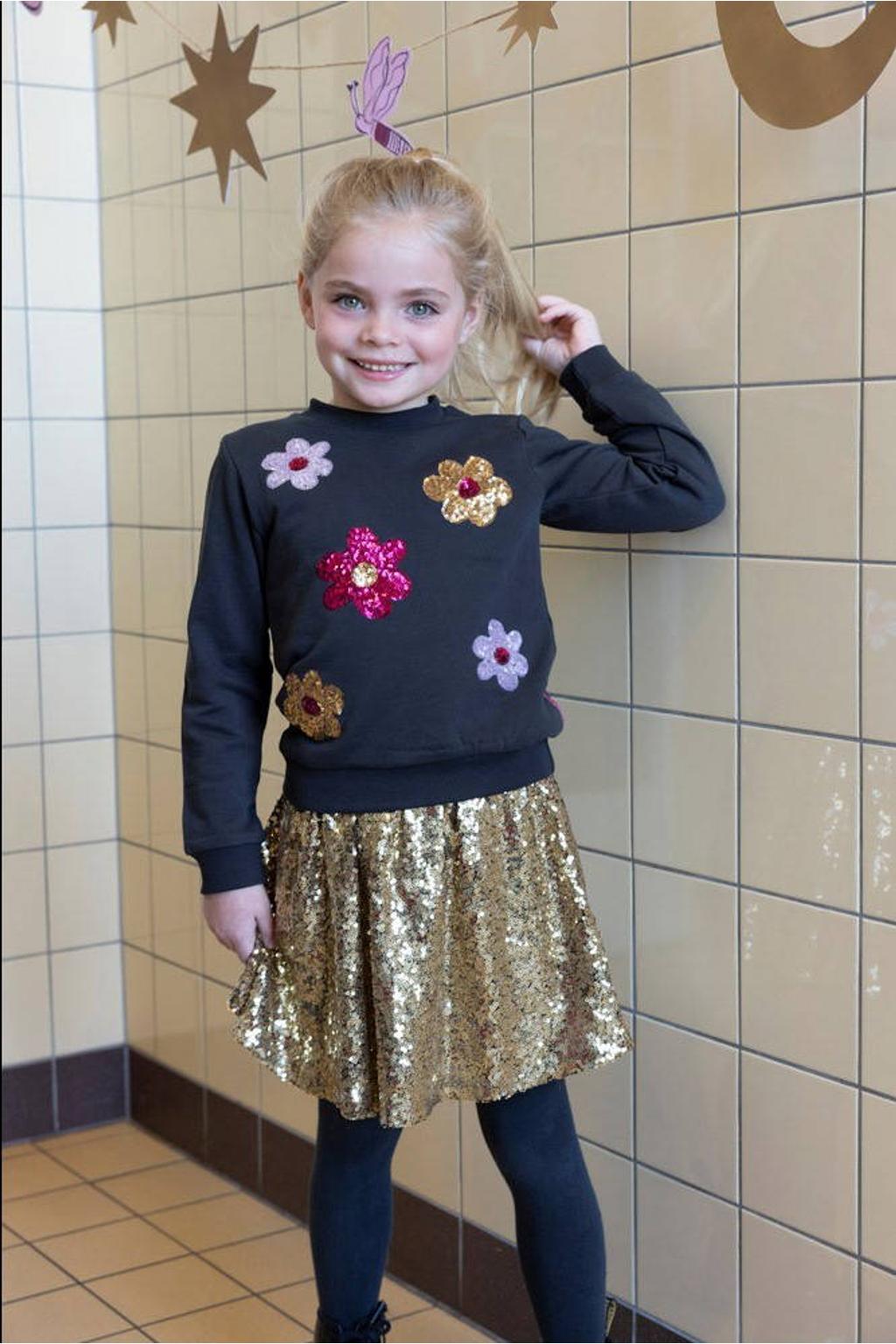 Jubel gebloemde sweater antraciet met pailletten