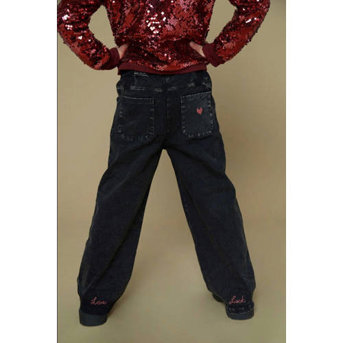 Jubel wide leg jeans met borduursels black denim Queen Of Hearts afbeelding