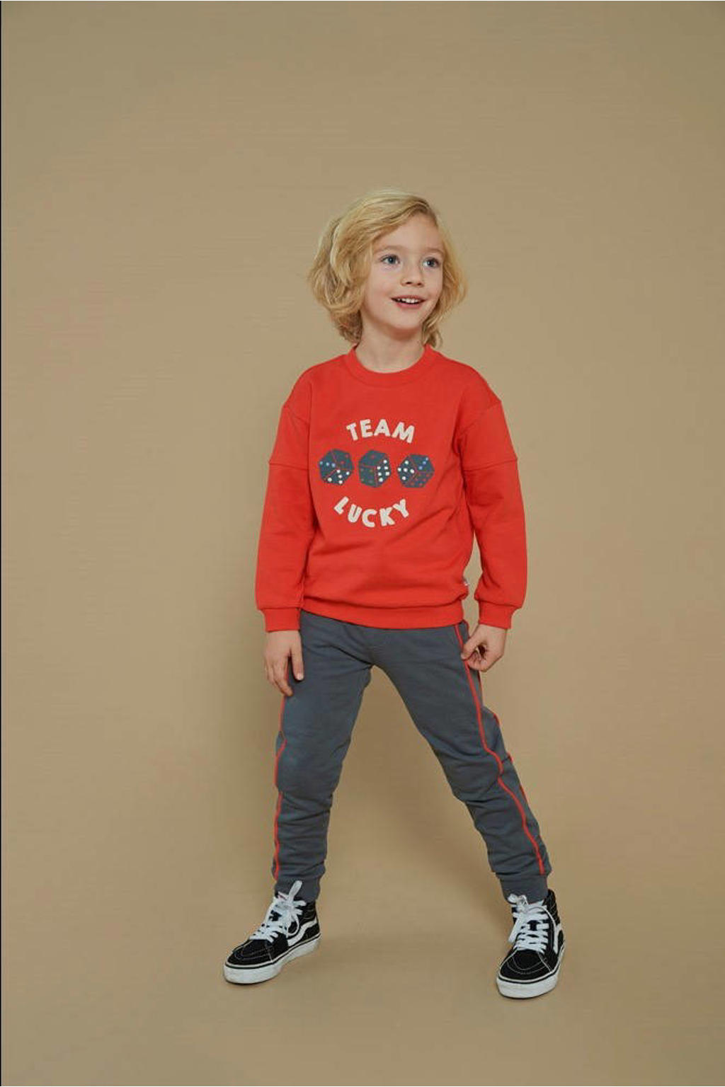 Rode jongens Sturdy sweater met printopdruk, lange mouwen, ronde hals en geribde boorden
