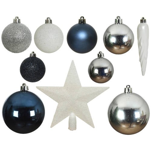 Decoris Kerstballen polystyreen blauw/kleur(en) shiny matt glitter mix - 33 stuks (ø8 cm) afbeelding